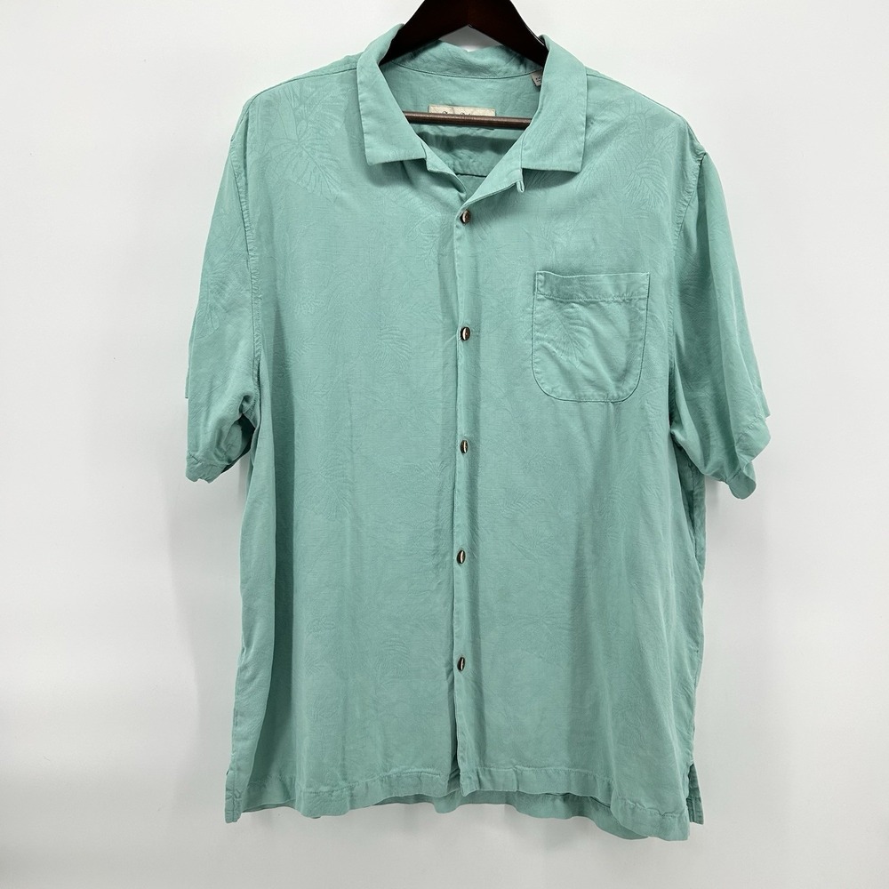 Tommy Bahama 100% Silk Camp Shirt Mens 2XL Seafoam Teal Tropical Jacquard Resort